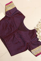 Elegant Purple Plain Silk Non Padded Blouse With Vintage Banarasi Border - Luxurion World