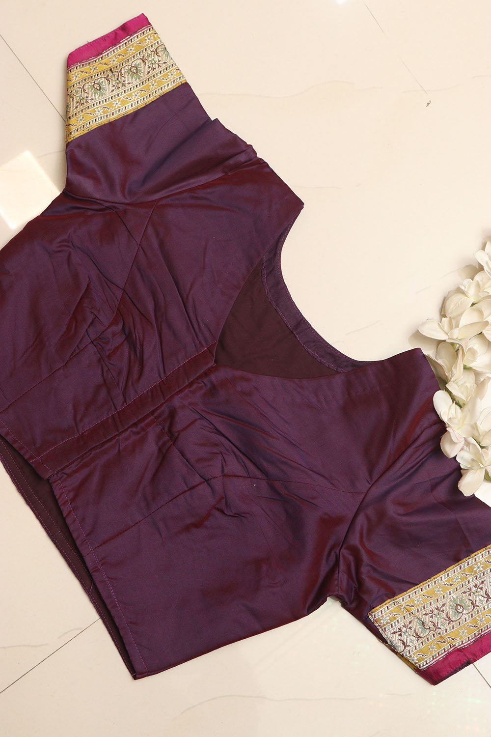 Elegant Purple Plain Silk Non Padded Blouse With Vintage Banarasi Border - Luxurion World