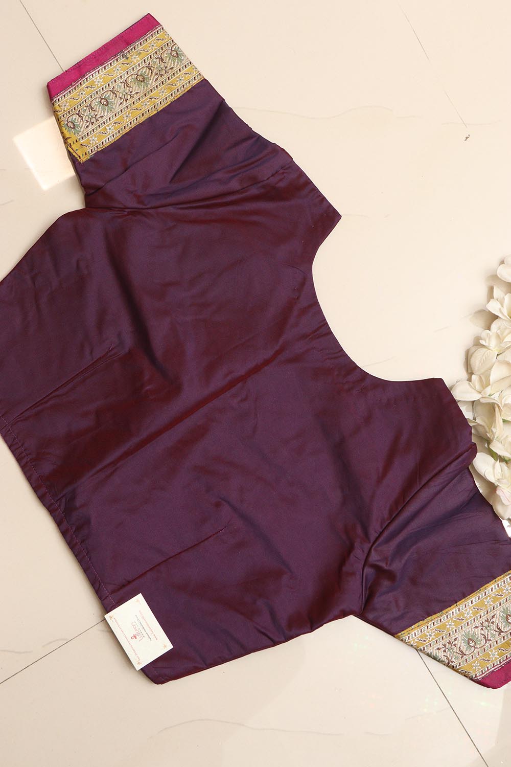 Elegant Purple Plain Silk Non Padded Blouse With Vintage Banarasi Border - Luxurion World