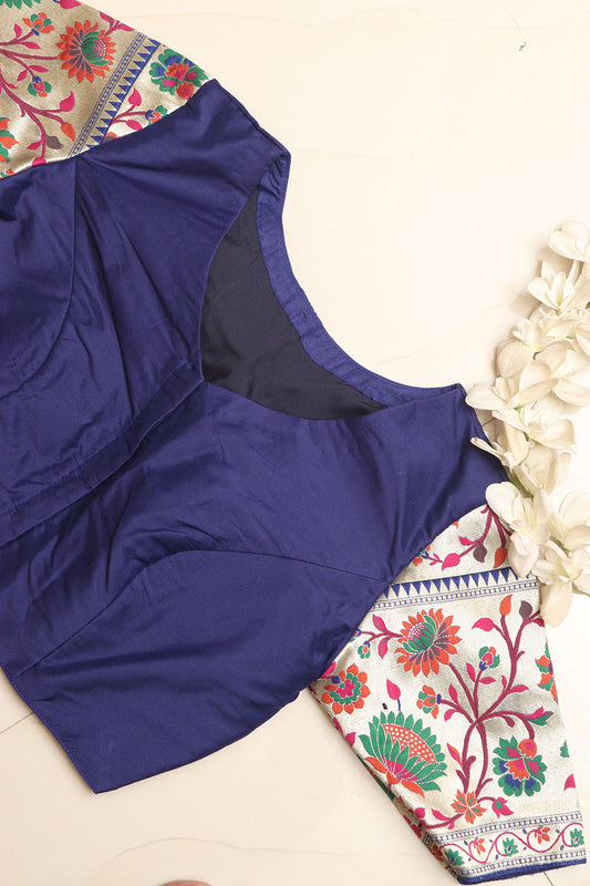 Blue Plain Silk Non Padded Blouse With Paithani Border - Luxurion World