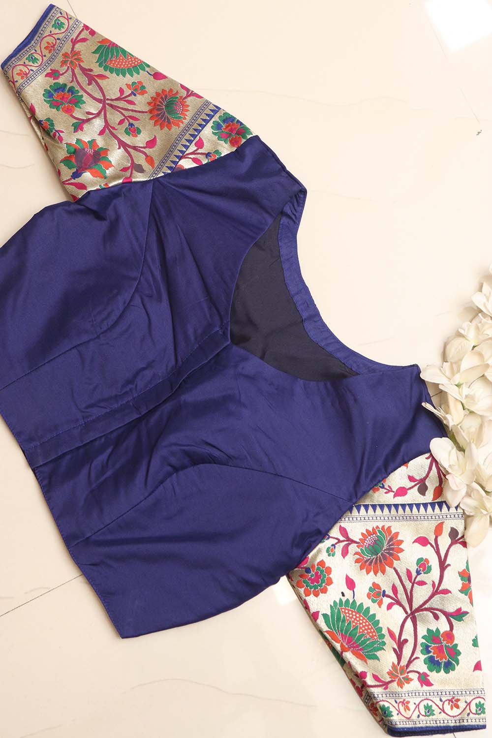 Blue Plain Silk Non Padded Blouse With Paithani Border - Luxurion World