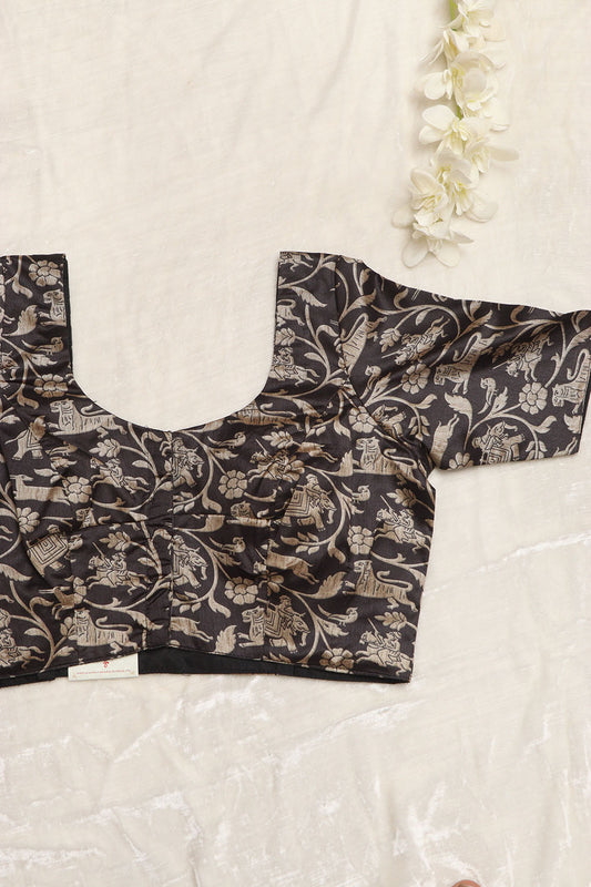 Exquisite Black Shikargah Design Digital Printed Tussar Silk Blouse - Luxurion World