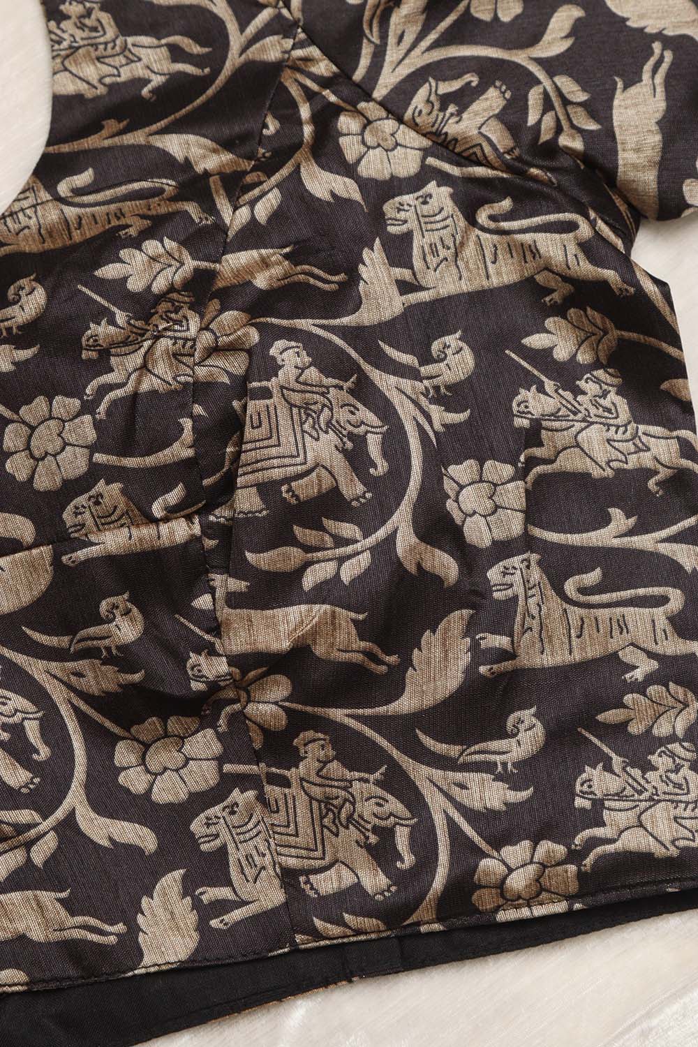 Exquisite Black Shikargah Design Digital Printed Tussar Silk Blouse - Luxurion World