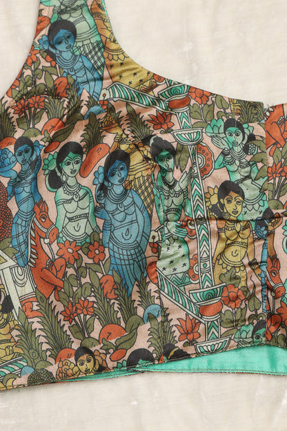 Multicolor Digital Printed Kalamkari Tussar Silk Blouse - Luxurion World