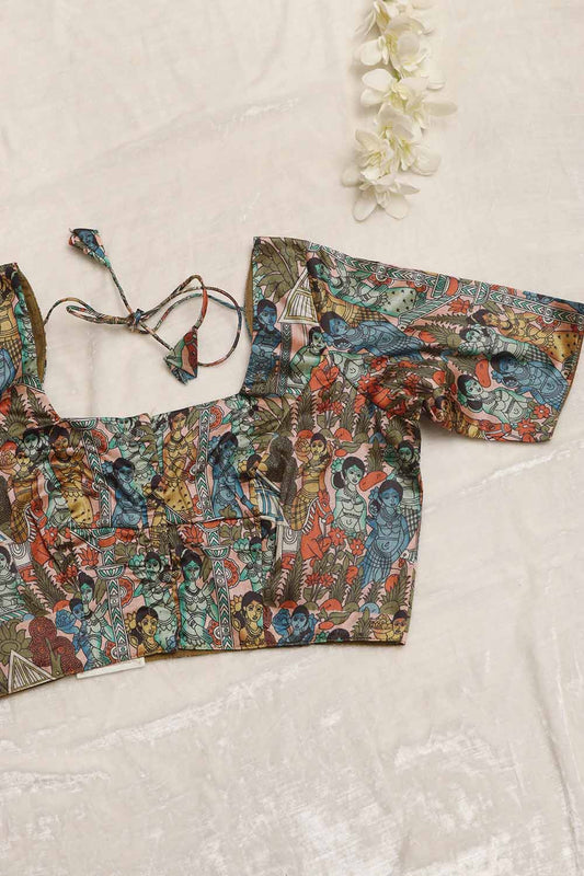 Multicolor Digital Printed Kalamkari Tussar Silk Blouse - Luxurion World