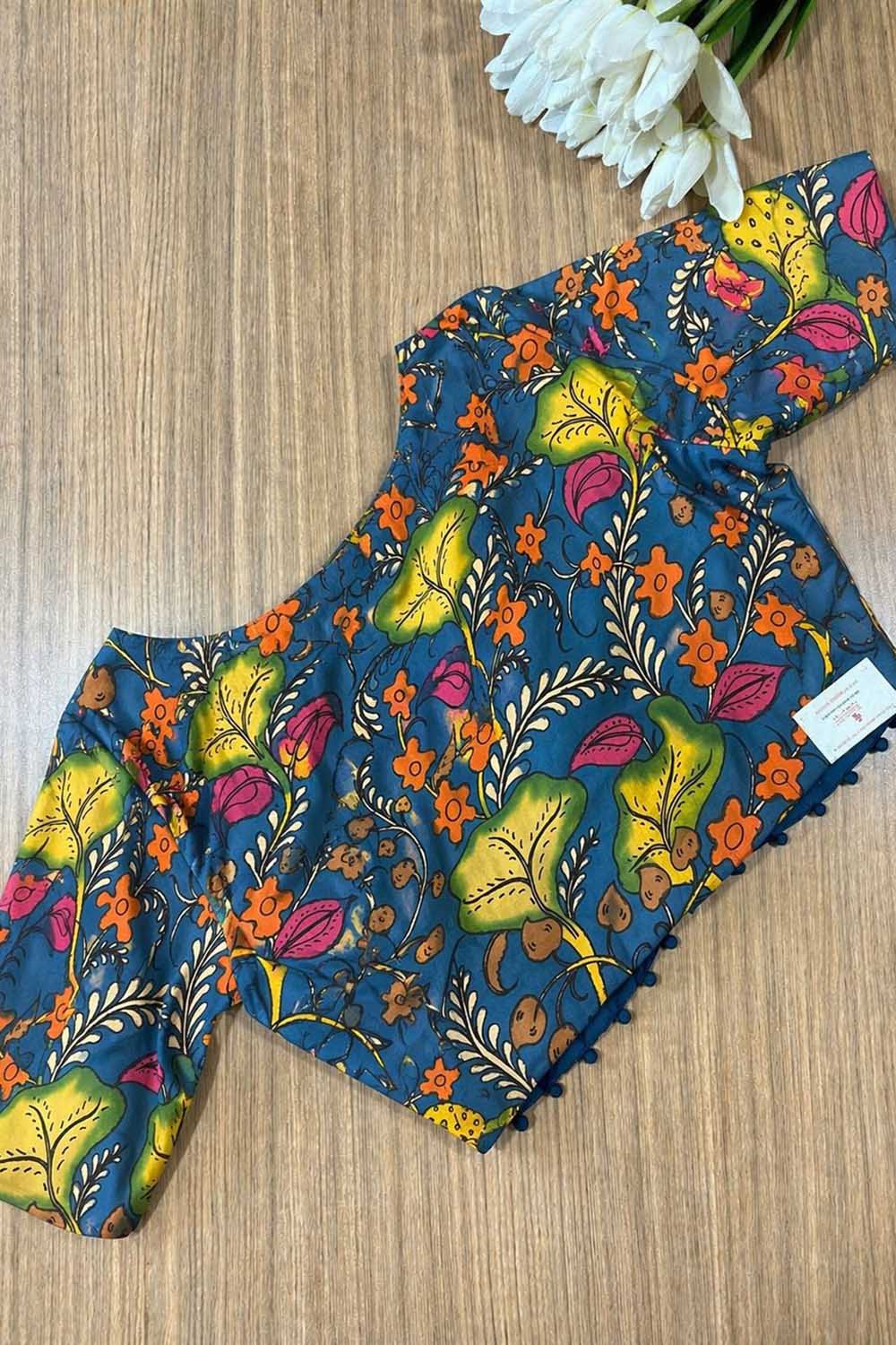 Blue Hand Painted Kalamkari Pure Silk Blouse - Luxurion World