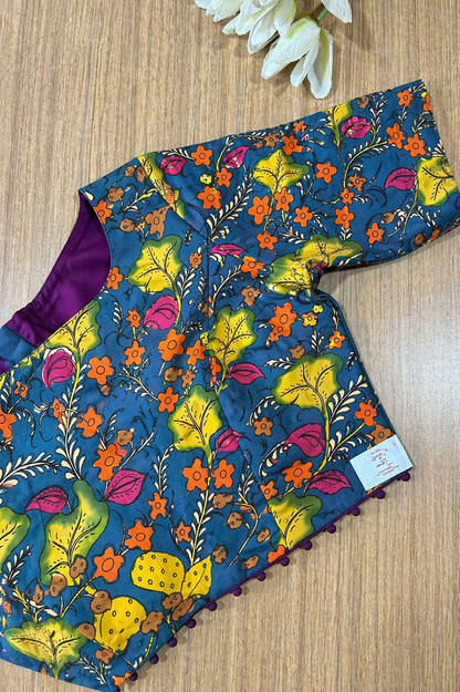 Blue Hand Painted Kalamkari Pure Silk Blouse - Luxurion World