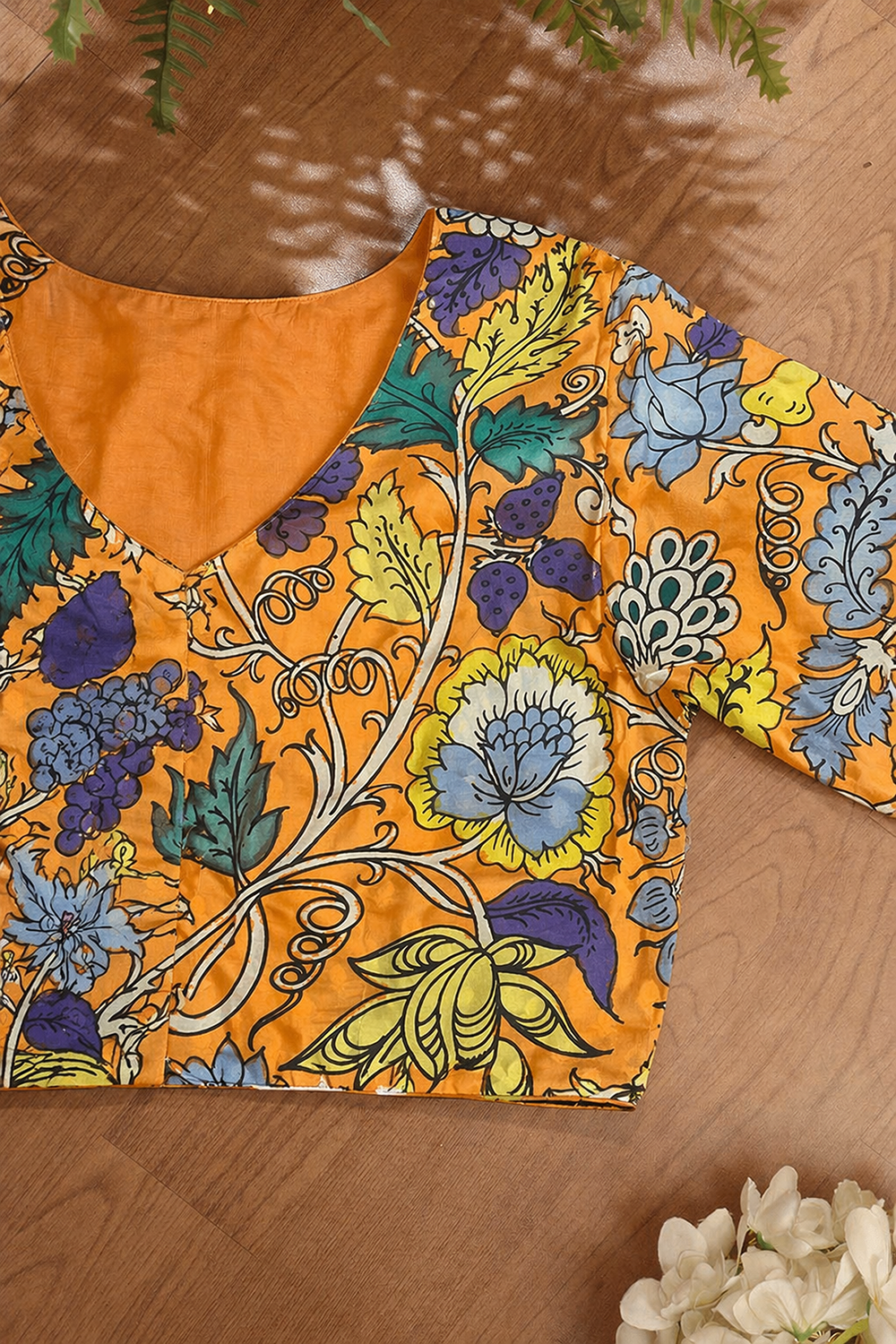 Orange Hand Painted Kalamkari Bangalore Silk Blouse - Luxurion World