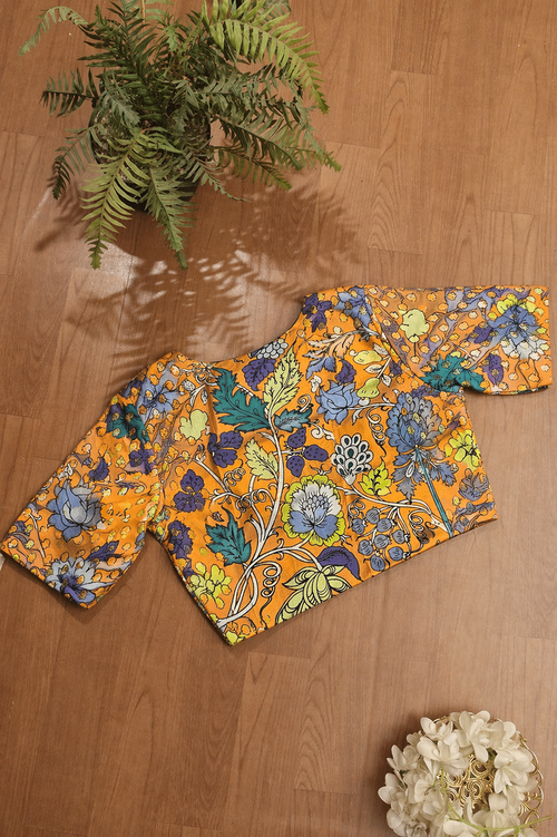 Orange Hand Painted Kalamkari Bangalore Silk Blouse - Luxurion World