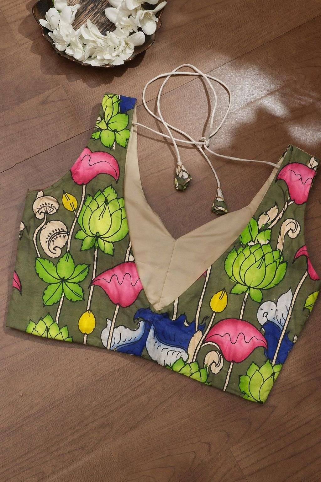 Green Hand Painted Kalamkari Bangalore Silk Blouse - Luxurion World