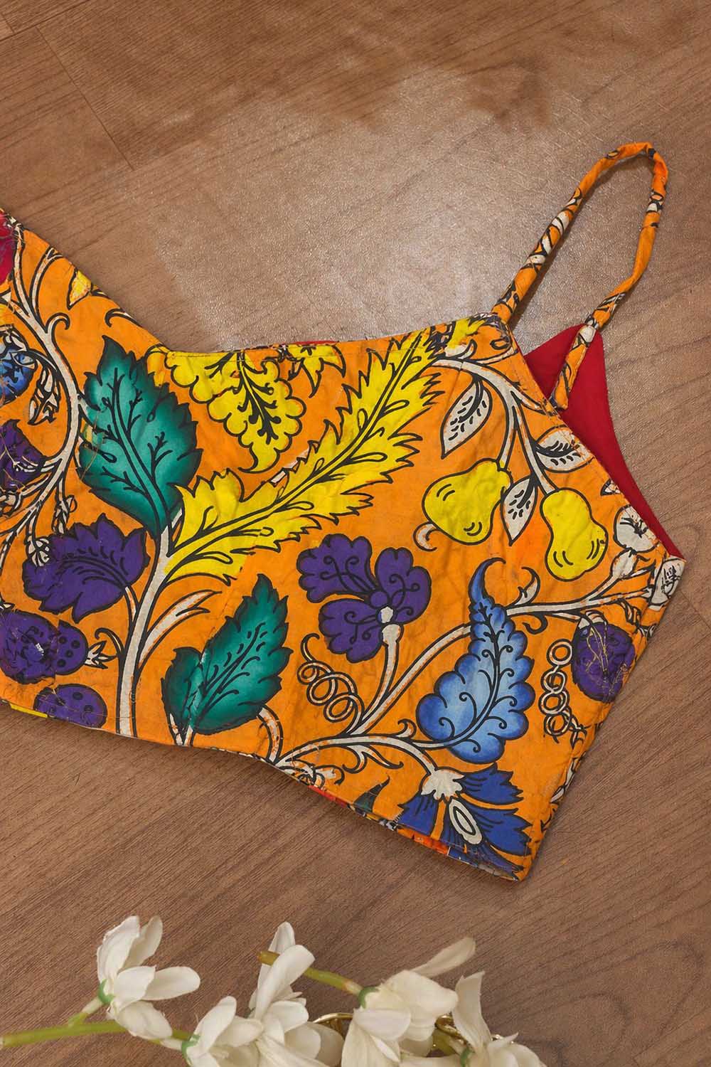 Orange Hand Painted Kalamkari Bangalore Silk Blouse - Luxurion World