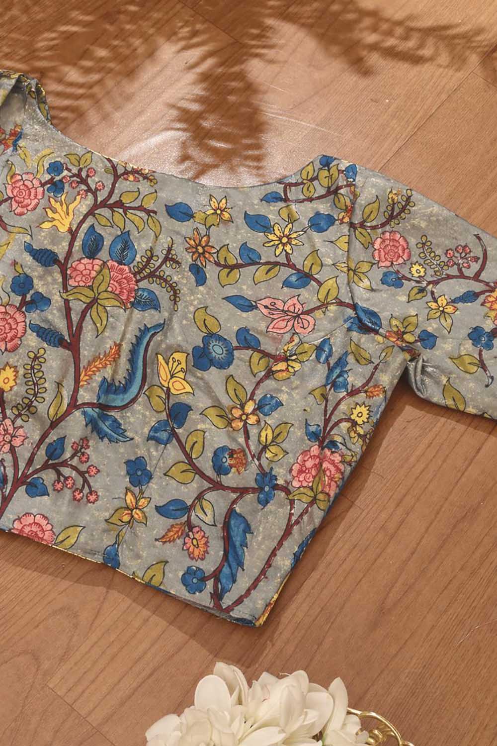 Grey Hand Painted Kalamkari Pure Silk Blouse - Luxurion World
