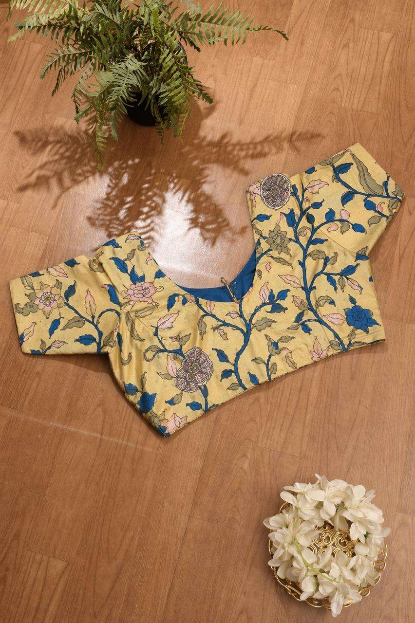 Yellow Hand Painted Kalamkari Pure Silk Blouse - Luxurion World