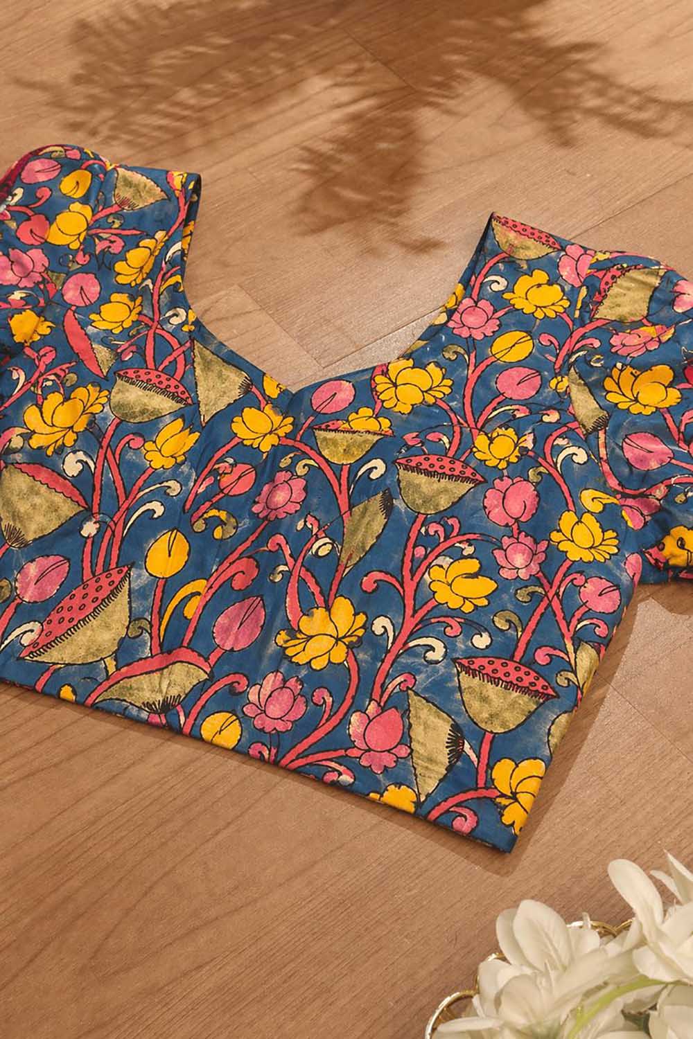 Blue Hand Painted Kalamkari Pure Silk Blouse - Luxurion World