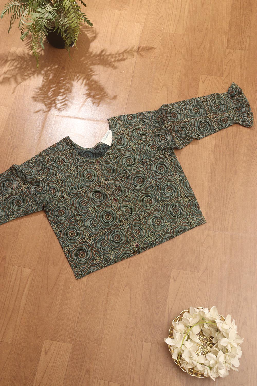 Green Ajrakh Block Printed Cotton Crop Top Stitched Blouse - Luxurion World