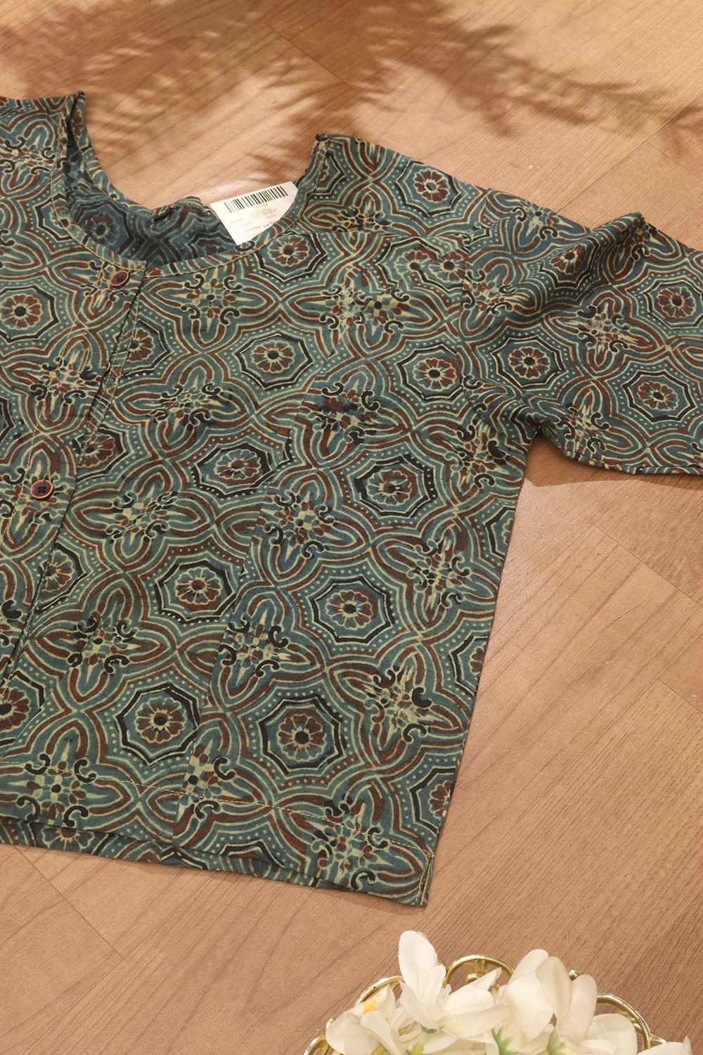Green Ajrakh Block Printed Cotton Crop Top Stitched Blouse - Luxurion World