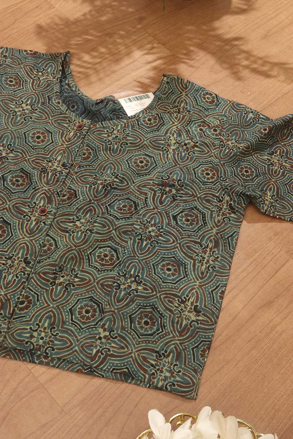 Green Ajrakh Block Printed Cotton Crop Top Stitched Blouse - Luxurion World