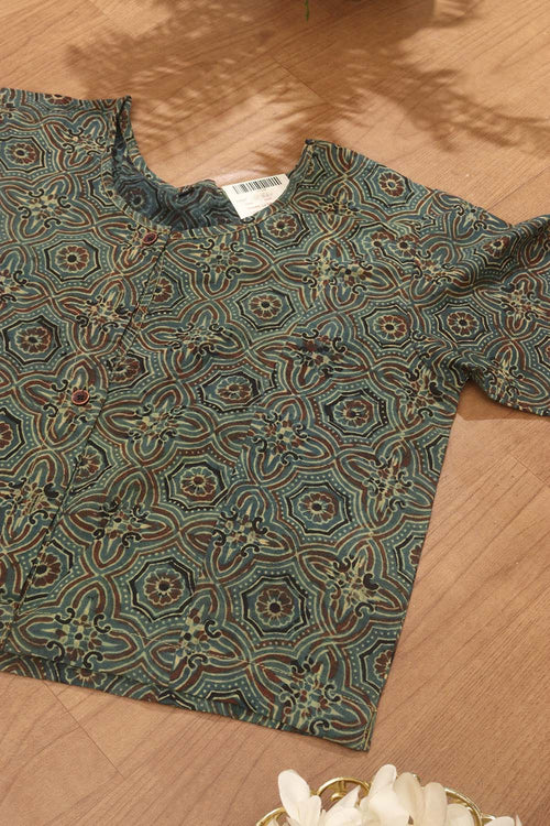 Green Ajrakh Block Printed Cotton Crop Top Stitched Blouse - Luxurion World