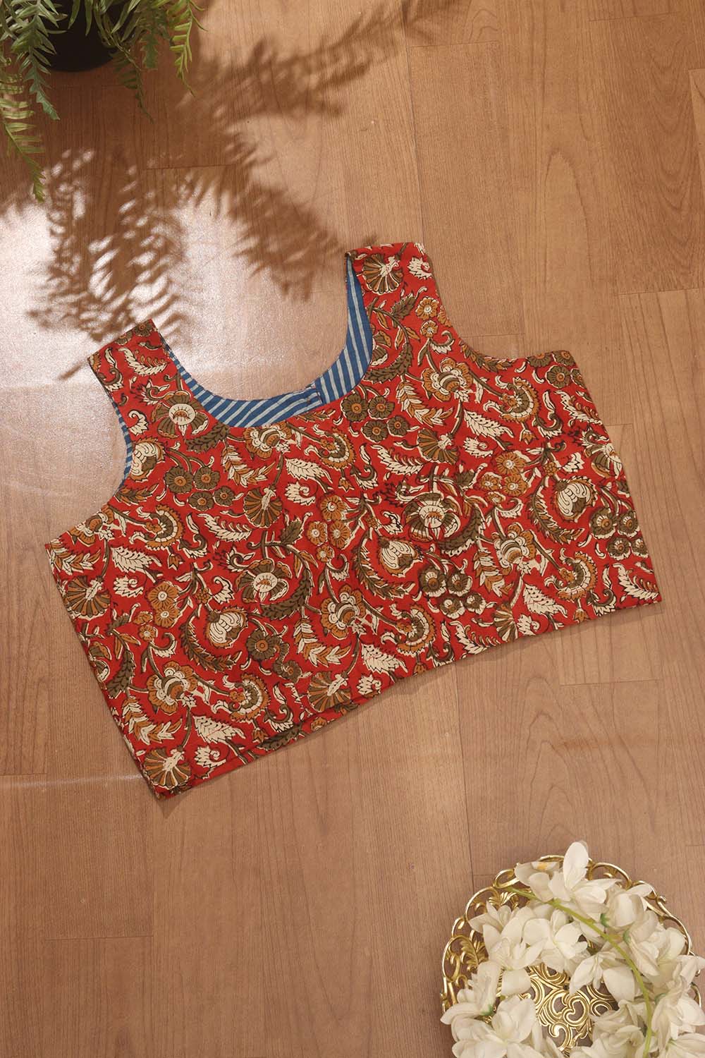 Red Ajrakh Block Printed Cotton Sleeveless Stitched Blouse - Luxurion World