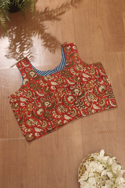 Red Ajrakh Block Printed Cotton Sleeveless Stitched Blouse - Luxurion World