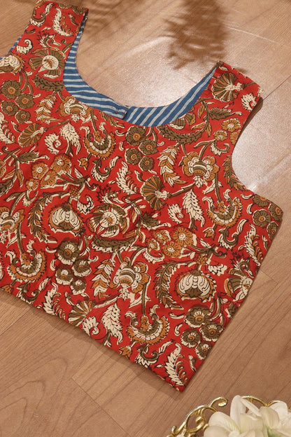Red Ajrakh Block Printed Cotton Sleeveless Stitched Blouse - Luxurion World