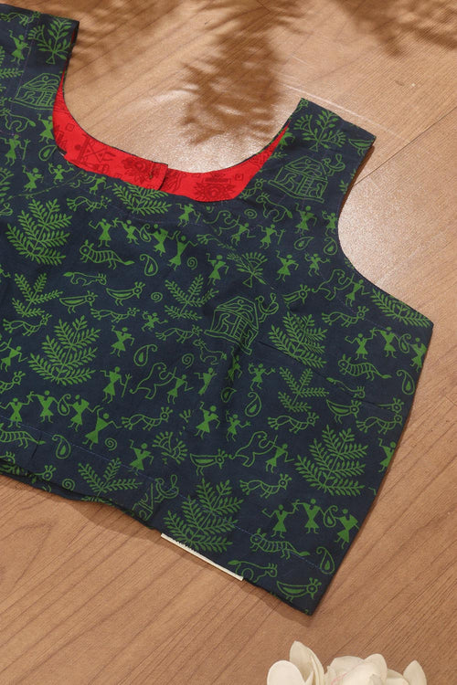 Blue Ajrakh Block Printed Cotton Sleeveless Stitched Blouse - Luxurion World