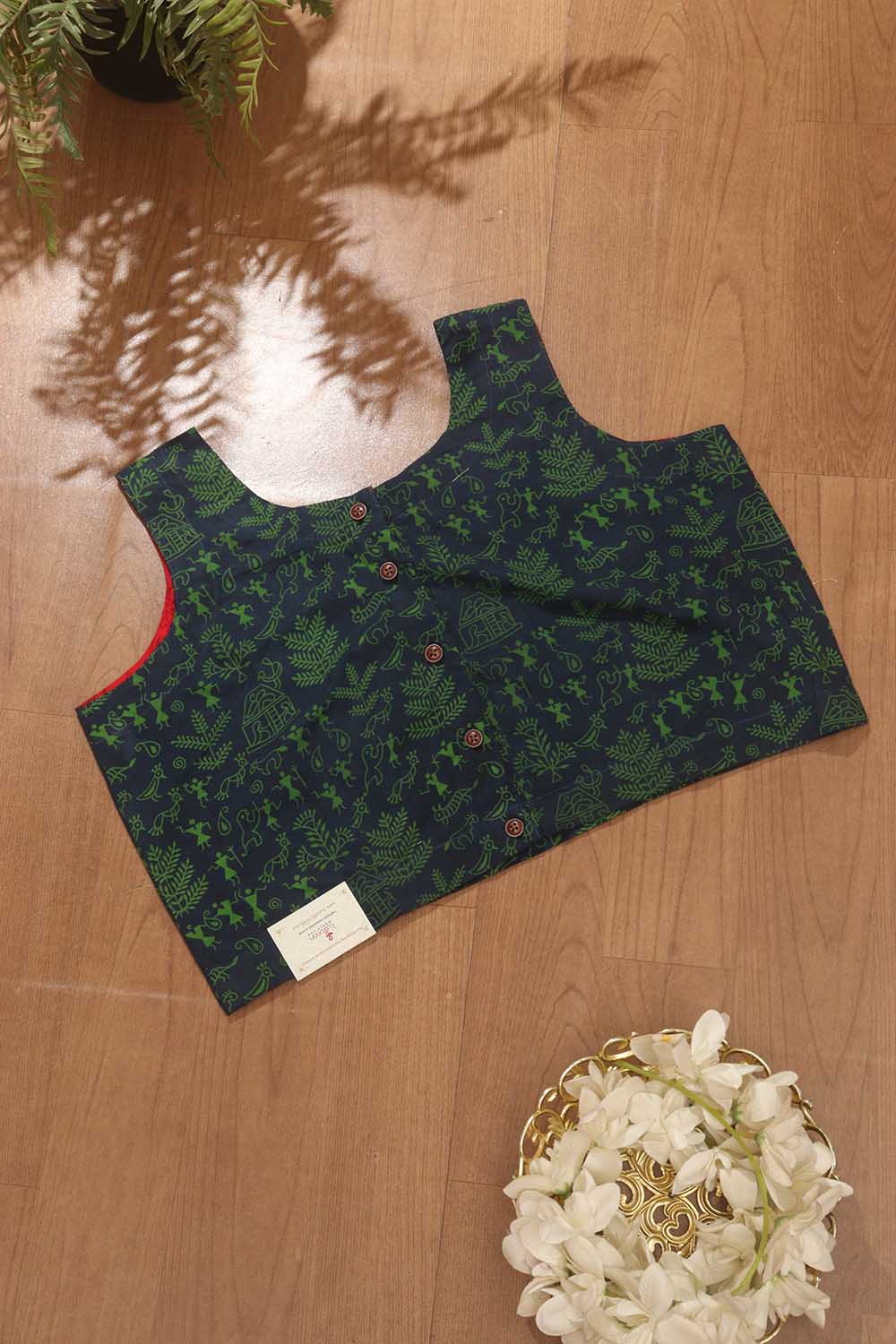 Blue Ajrakh Block Printed Cotton Sleeveless Stitched Blouse - Luxurion World