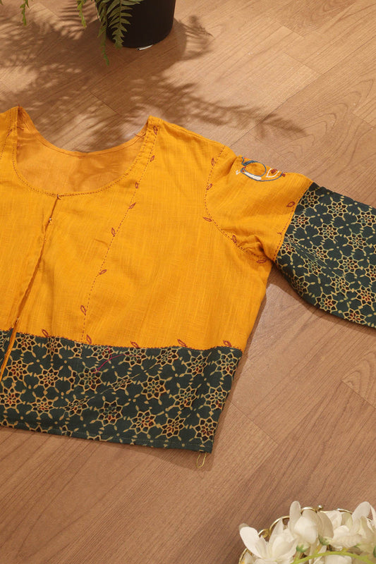Yellow And Green Ajrakh Block Printed Cotton Stitched Blouse - Luxurion World