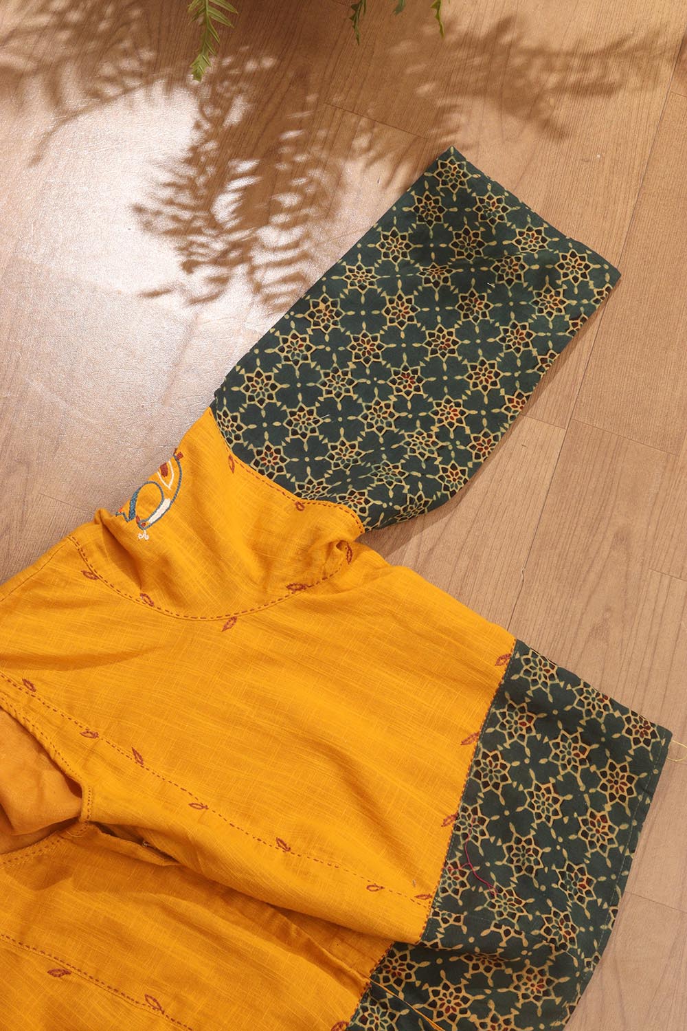 Yellow And Green Ajrakh Block Printed Cotton Stitched Blouse - Luxurion World