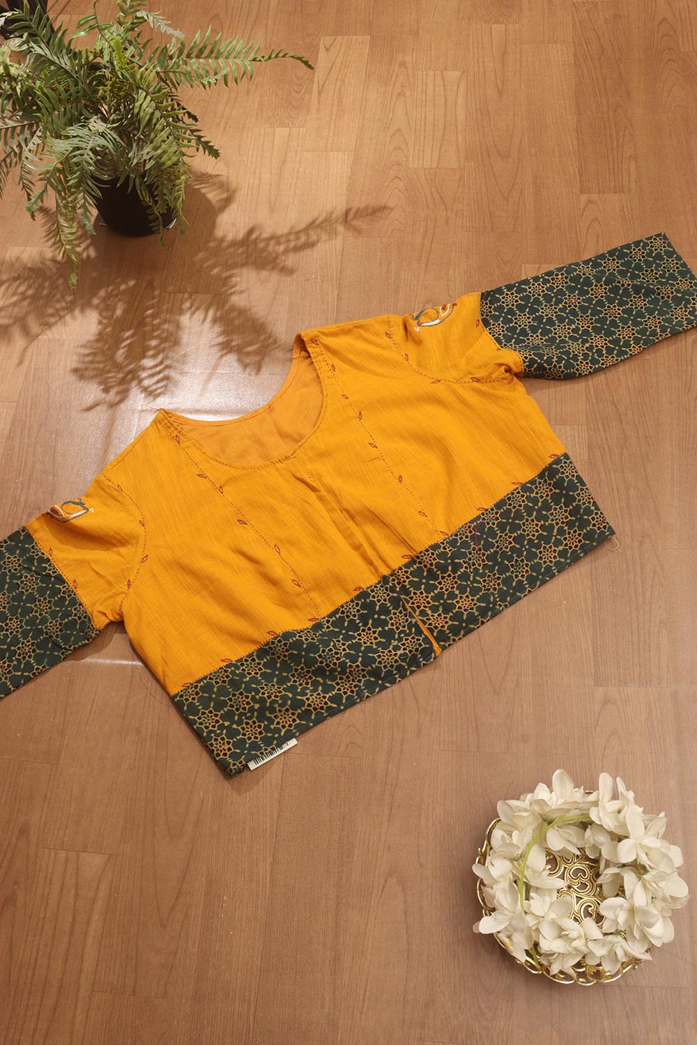 Yellow And Green Ajrakh Block Printed Cotton Stitched Blouse - Luxurion World