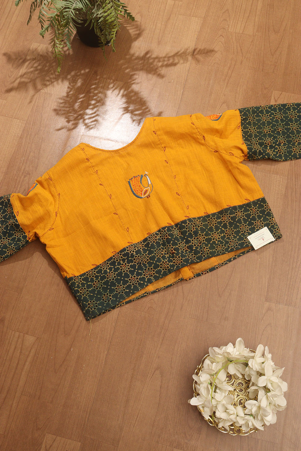 Yellow And Green Ajrakh Block Printed Cotton Stitched Blouse - Luxurion World