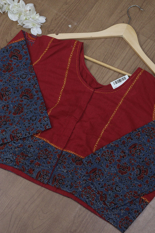 Red and Blue Ajrakh Block Printed Cotton Blouse - Stitched for Comfort