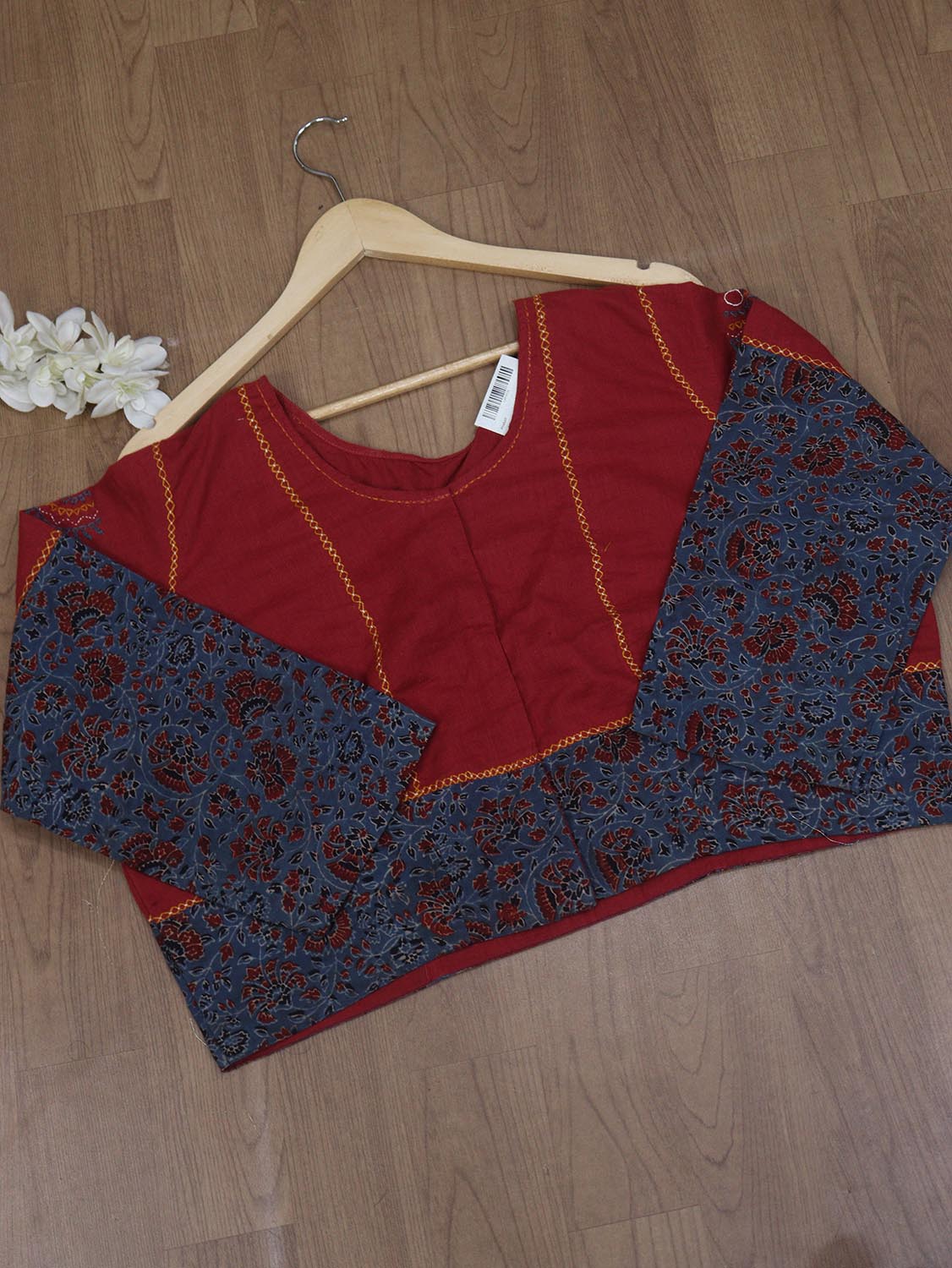 Red and Blue Ajrakh Block Printed Cotton Blouse - Stitched for Comfort - Luxurion World