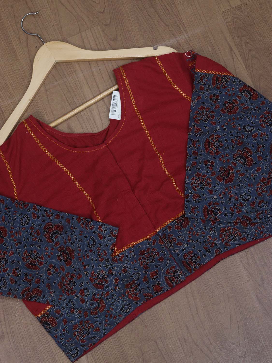 Red and Blue Ajrakh Block Printed Cotton Blouse - Stitched for Comfort - Luxurion World