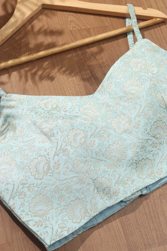 Blue Banarasi Silk Singlet Corset Non Padded Blouse - Luxurion World