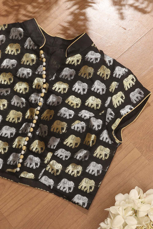 Black Banarasi Silk Potli Botton Padded Sona Roopa Elephant Design Blouse - Luxurion World