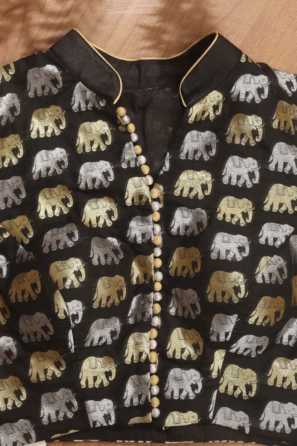 Black Banarasi Silk Potli Botton Padded Sona Roopa Elephant Design Blouse - Luxurion World
