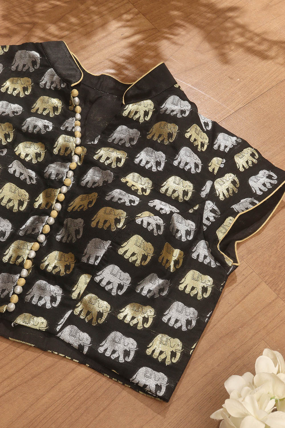 Black Banarasi Silk Potli Botton Padded Sona Roopa Elephant Design Blouse - Luxurion World