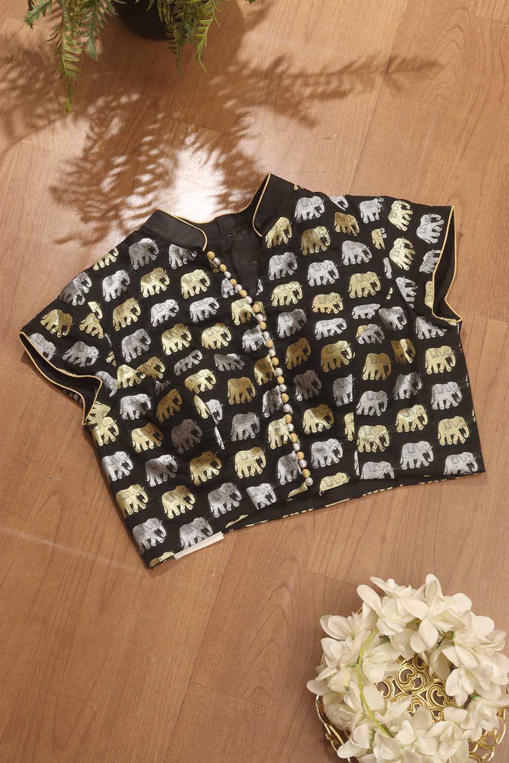 Black Banarasi Silk Potli Botton Padded Sona Roopa Elephant Design Blouse - Luxurion World