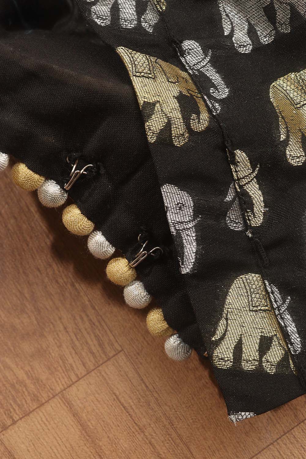 Black Banarasi Silk Potli Botton Padded Sona Roopa Elephant Design Blouse - Luxurion World