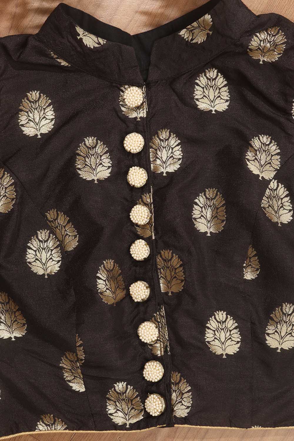 Black Banarasi Silk High Neck Fancy Button Non Padded Blouse
