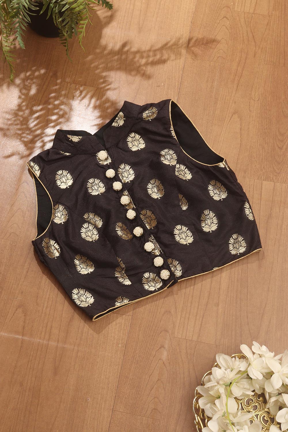 Black Banarasi Silk High Neck Fancy Button Non Padded Blouse - Luxurion World