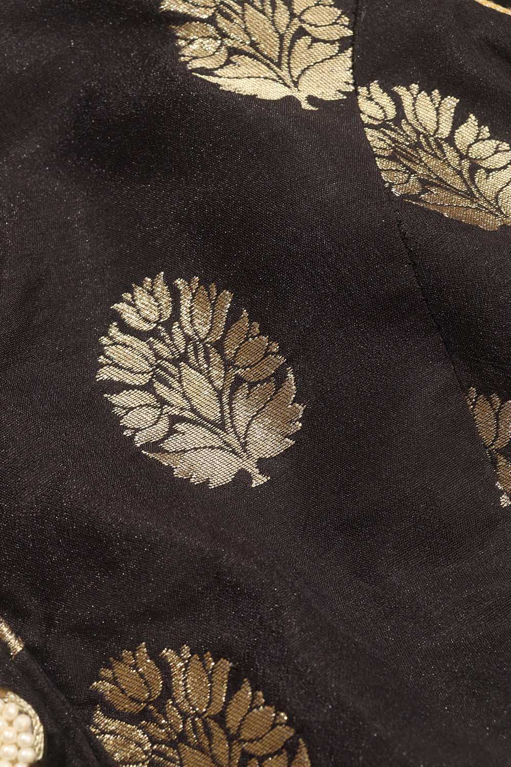 Black Banarasi Silk High Neck Fancy Button Non Padded Blouse - Luxurion World