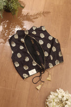 Black Banarasi Silk High Neck Fancy Button Non Padded Blouse - Luxurion World