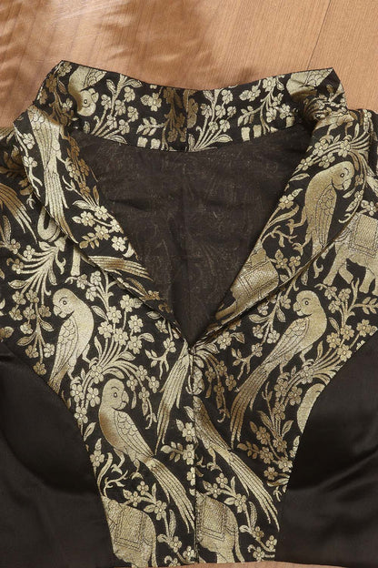 Black Banarasi Silk 3/4 Sleeves Collar Neck Padded Parrot And Elephant Design Blouse