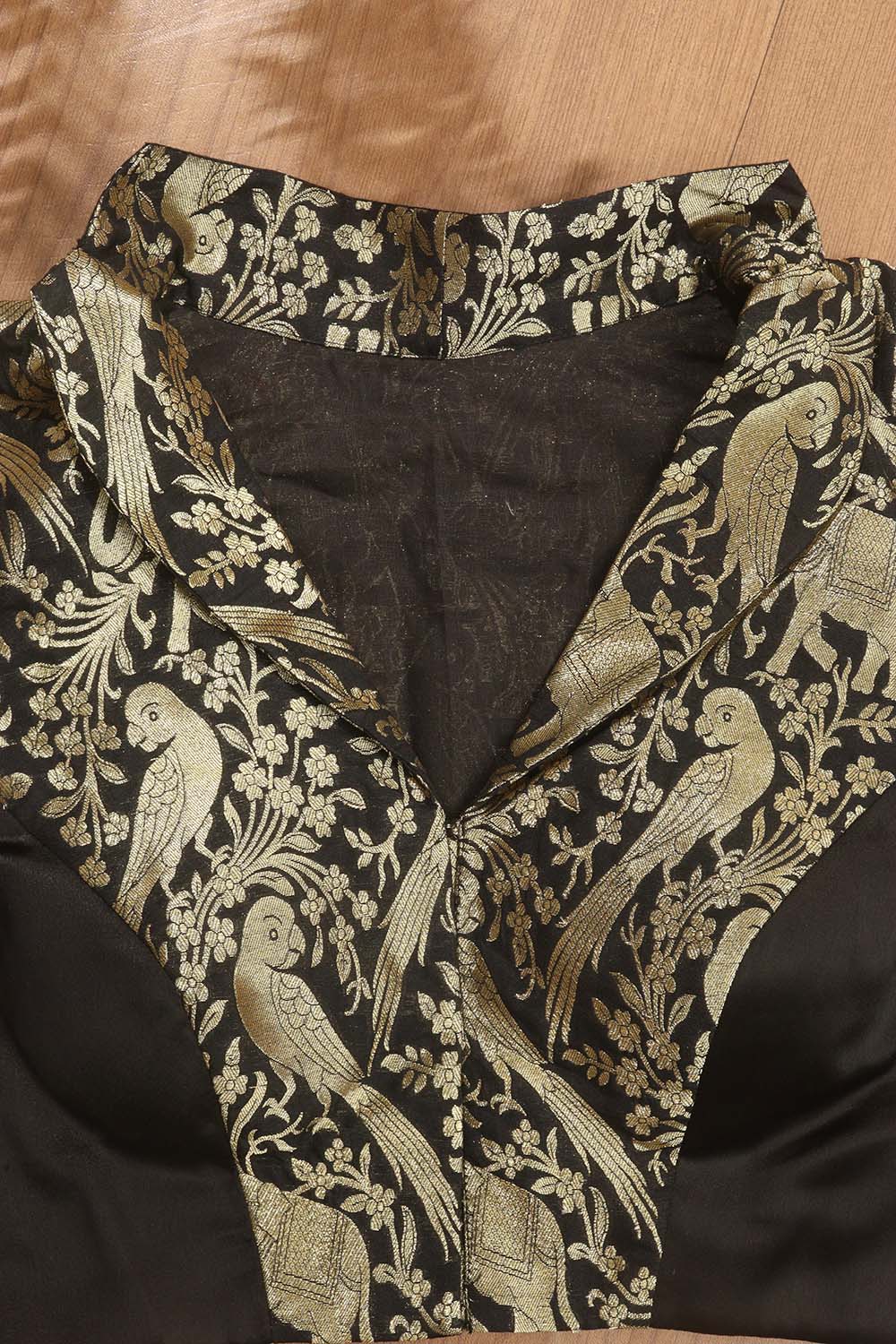 Black Banarasi Silk 3/4 Sleeves Collar Neck Padded Parrot And Elephant Design Blouse - Luxurion World