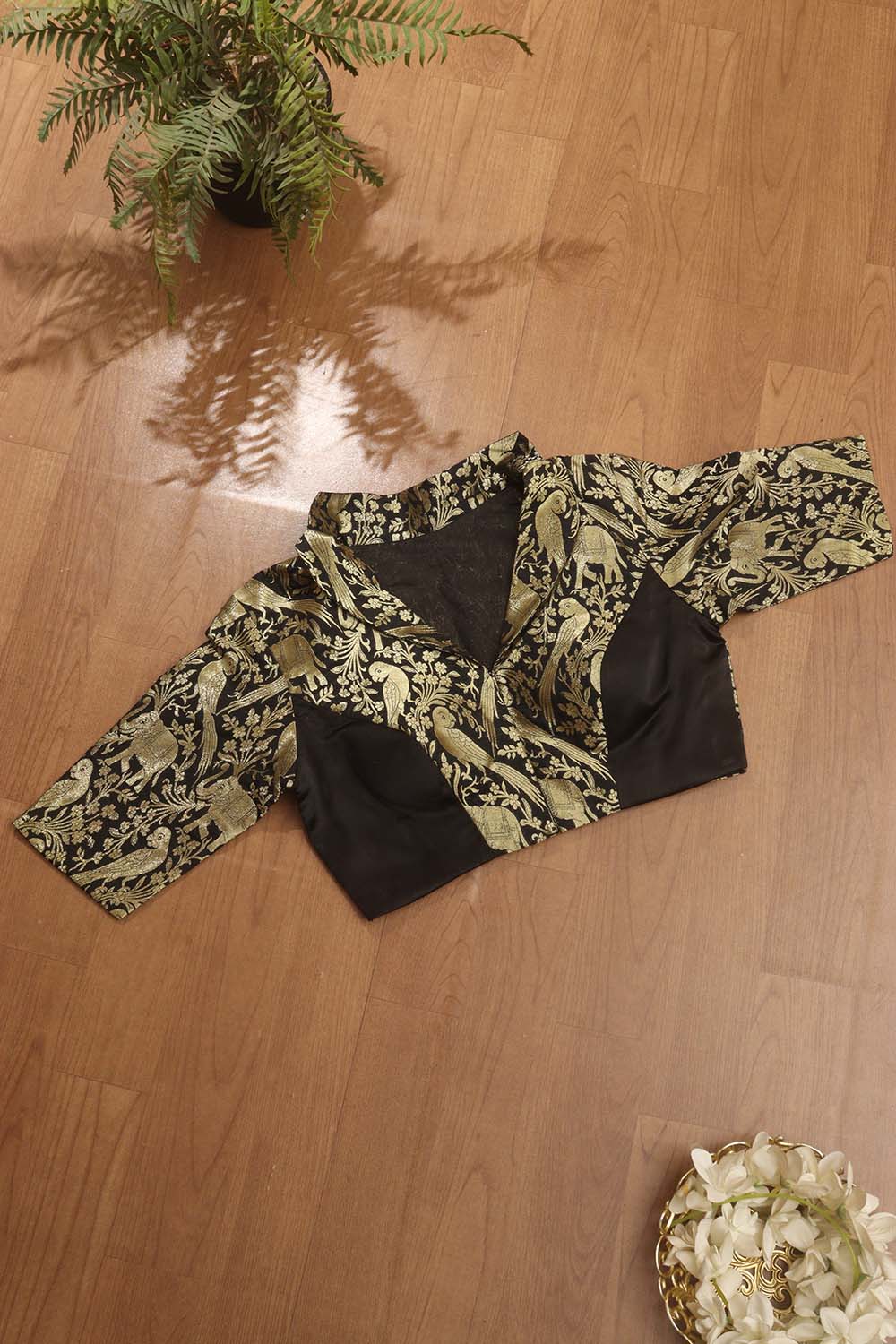 Black Banarasi Silk 3/4 Sleeves Collar Neck Padded Parrot And Elephant Design Blouse - Luxurion World