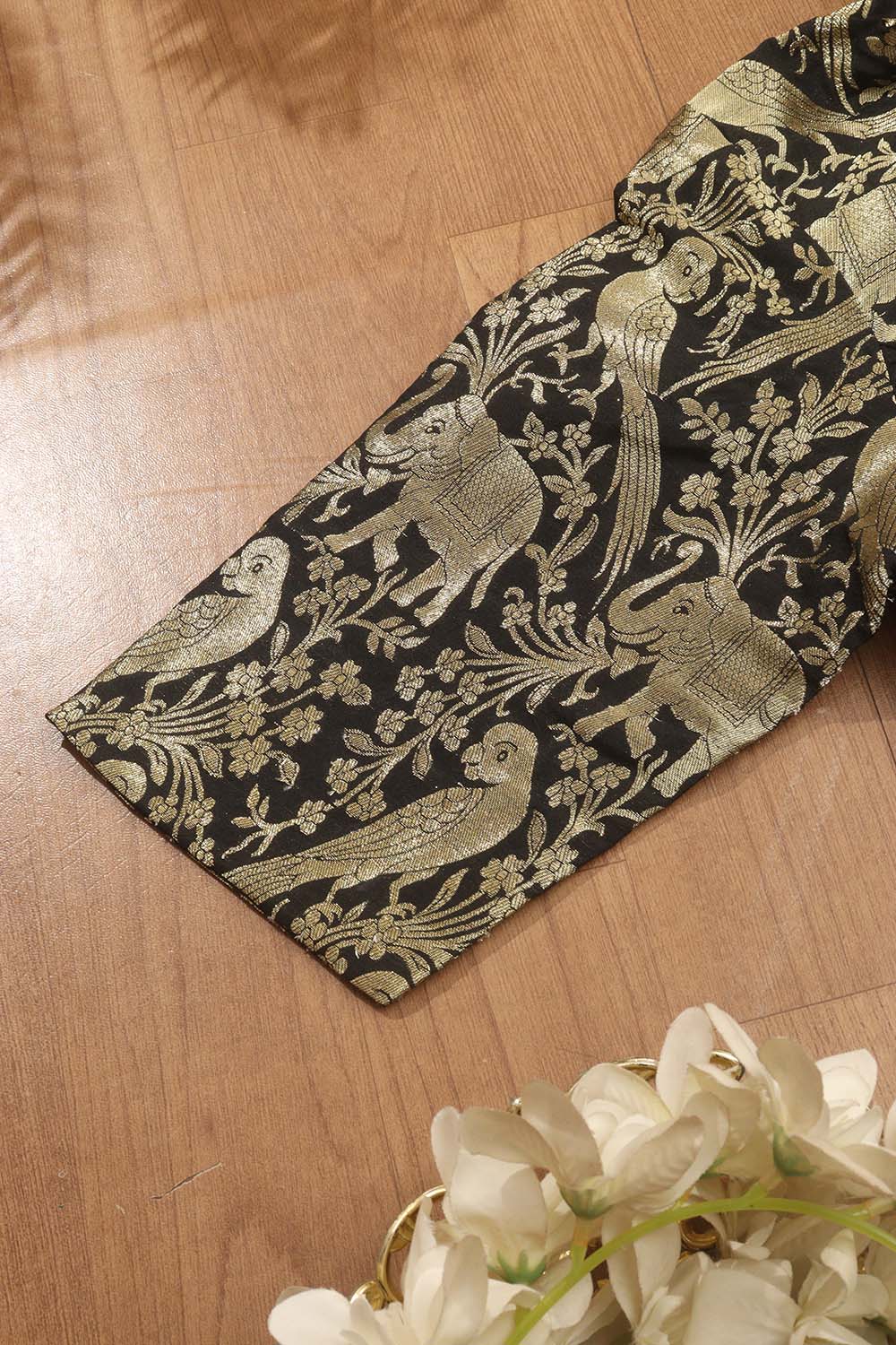 Black Banarasi Silk 3/4 Sleeves Collar Neck Padded Parrot And Elephant Design Blouse - Luxurion World