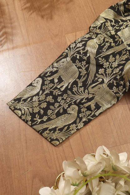 Black Banarasi Silk 3/4 Sleeves Collar Neck Padded Parrot And Elephant Design Blouse