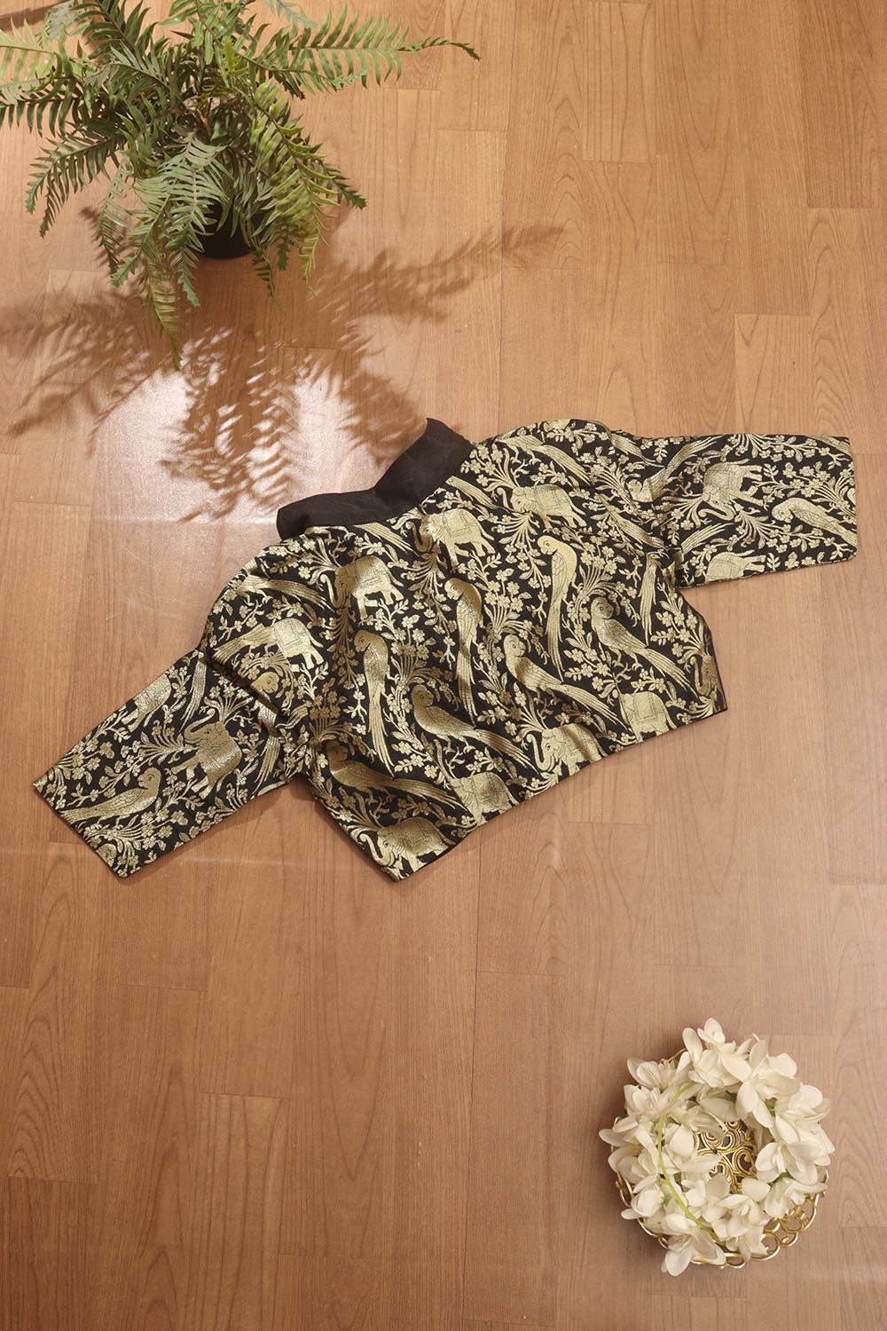 Black Banarasi Silk 3/4 Sleeves Collar Neck Padded Parrot And Elephant Design Blouse - Luxurion World